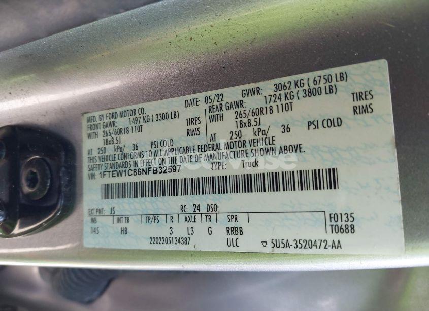 Photo 9 of 2022 Ford F-150 LARIAT (VIN 1FTEW1C86NFB32597)