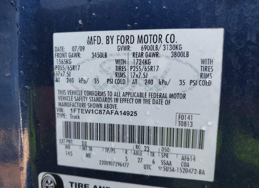 Photo 9 of 2010 Ford F-150 FX2 SPORT/XL/XLT (VIN 1FTEW1C87AFA14925)