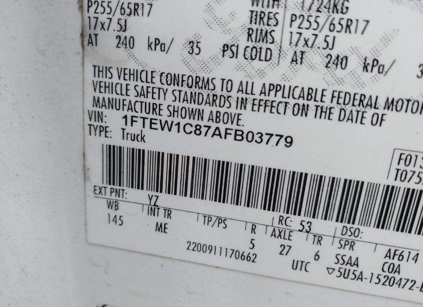 Photo 9 of 2010 Ford F-150 FX2 SPORT/XL/XLT (VIN 1FTEW1C87AFB03779)