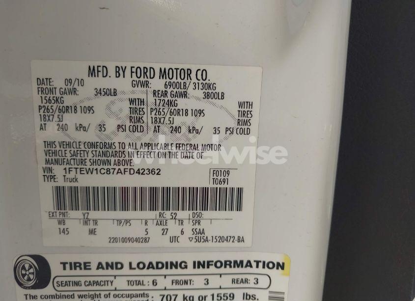 Photo 9 of 2010 Ford F-150 FX2 SPORT/XL/XLT (VIN 1FTEW1C87AFD42362)