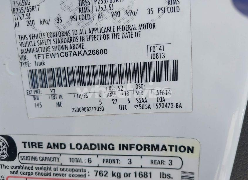 Photo 9 of 2010 Ford F-150 FX2 SPORT/XL/XLT (VIN 1FTEW1C87AKA26600)