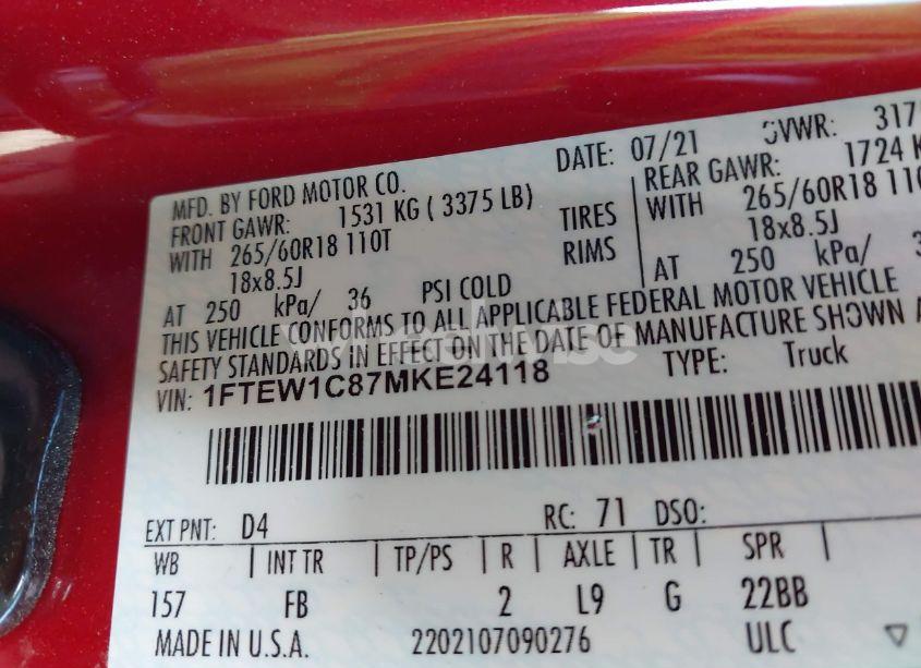 Photo 9 of 2021 Ford F-150 XLT (VIN 1FTEW1C87MKE24118)