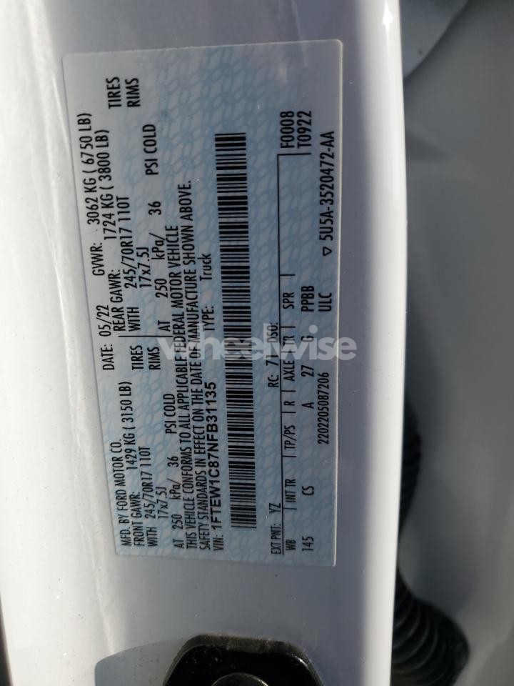 Photo 12 of 2022 FORD F150 SUPERCREW (VIN 1FTEW1C87NFB31135)