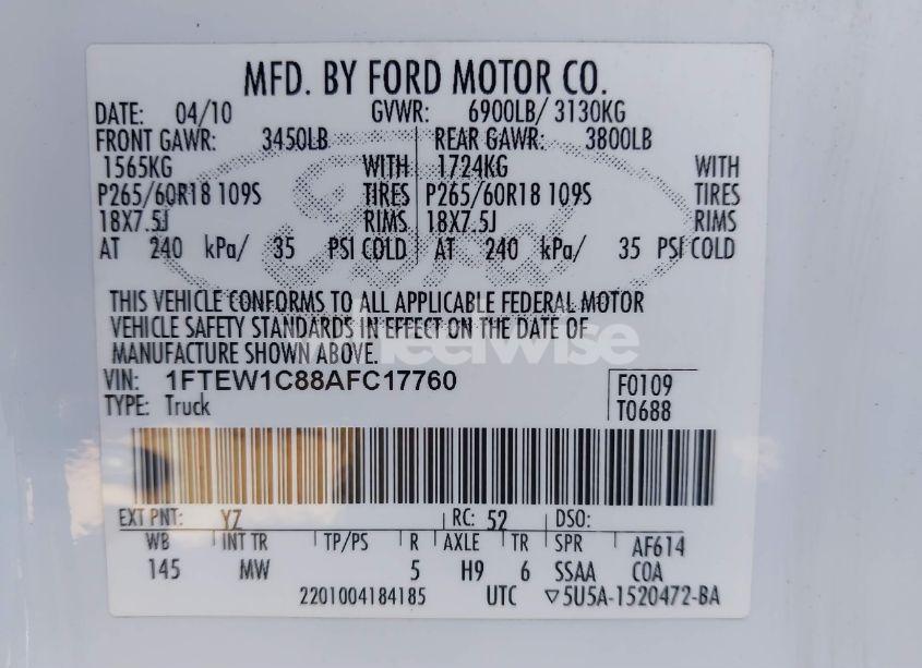 Photo 9 of 2010 Ford F-150 FX2 SPORT/XL/XLT (VIN 1FTEW1C88AFC17760)