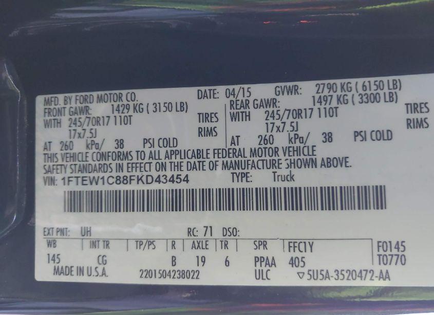 Photo 9 of 2015 Ford F-150 XL (VIN 1FTEW1C88FKD43454)