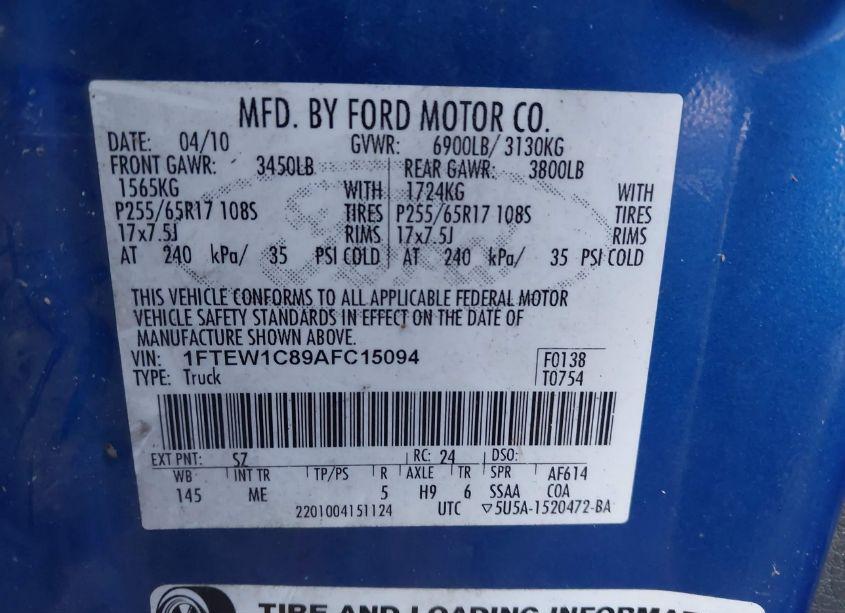 Photo 9 of 2010 Ford F-150 FX2 SPORT/XL/XLT (VIN 1FTEW1C89AFC15094)