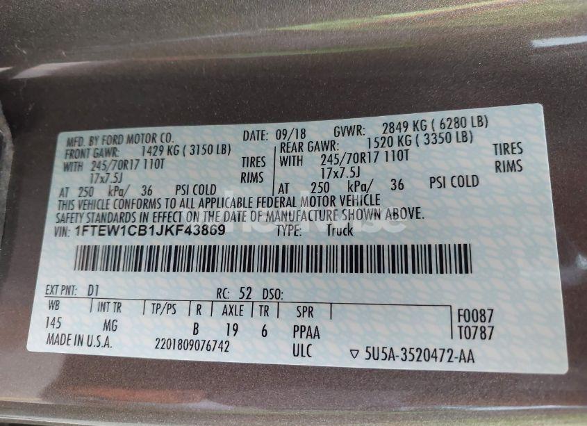 Photo 9 of 2018 Ford F-150 XLT (VIN 1FTEW1CB1JKF43869)