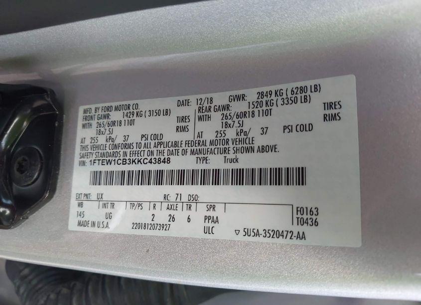Photo 9 of 2019 Ford F-150 XLT (VIN 1FTEW1CB3KKC43848)