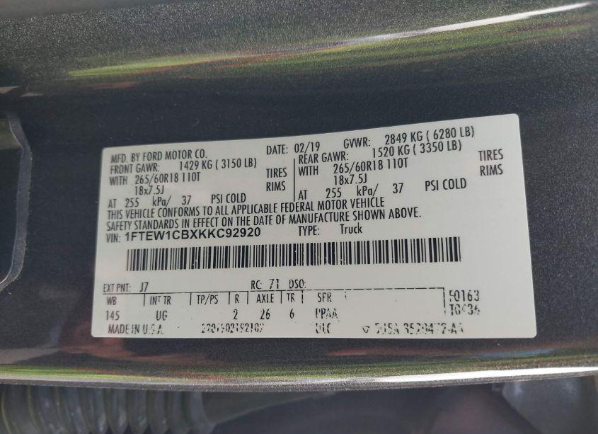 Photo 9 of 2019 Ford F-150 XLT (VIN 1FTEW1CBXKKC92920)