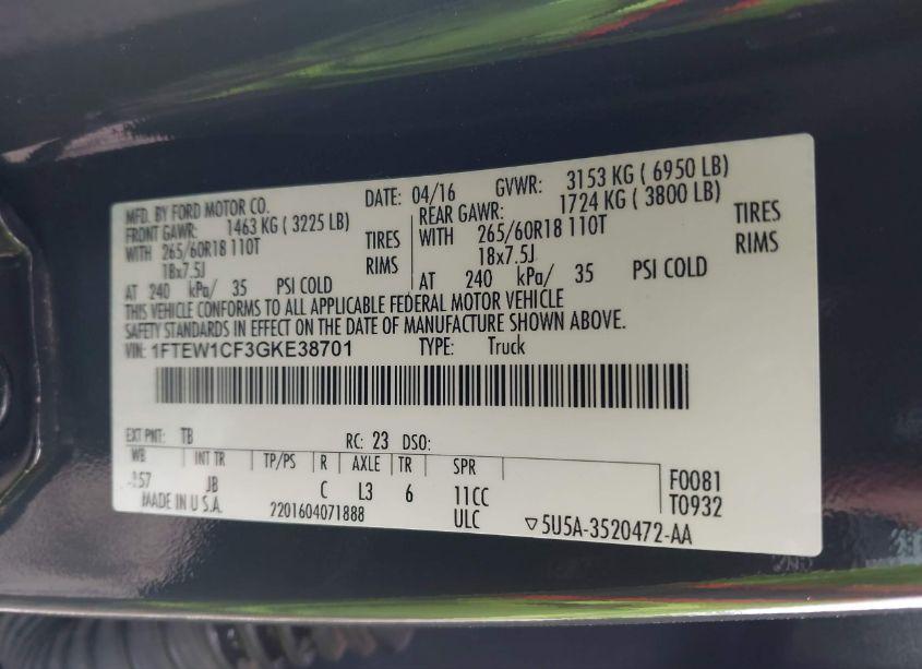 Photo 9 of 2016 Ford F-150 XLT (VIN 1FTEW1CF3GKE38701)