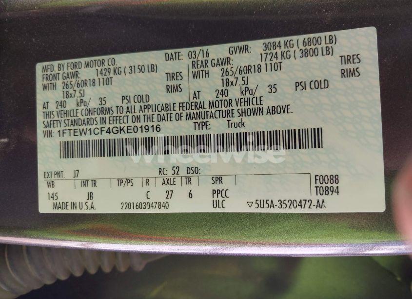 Photo 9 of 2016 Ford F-150 XLT (VIN 1FTEW1CF4GKE01916)