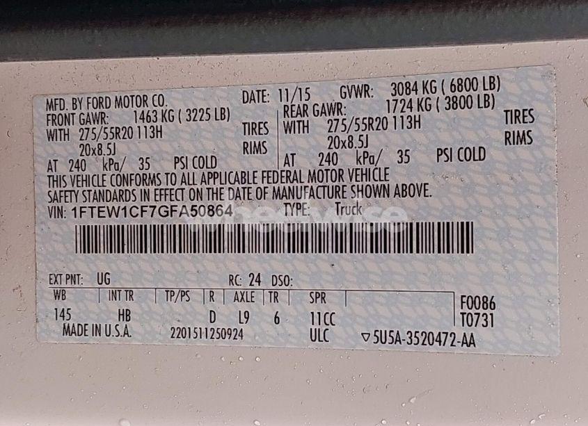 Photo 9 of 2016 Ford F-150 LARIAT (VIN 1FTEW1CF7GFA50864)