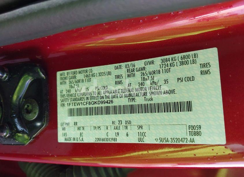 Photo 9 of 2016 Ford F-150 LARIAT (VIN 1FTEW1CF8GKD99426)