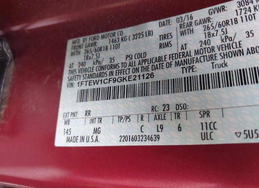 Photo 9 of 2016 Ford F-150 XLT (VIN 1FTEW1CF9GKE21126)