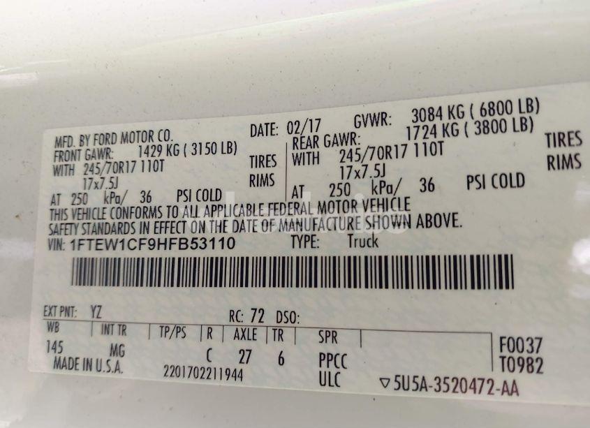 Photo 9 of 2017 Ford F-150 XLT (VIN 1FTEW1CF9HFB53110)