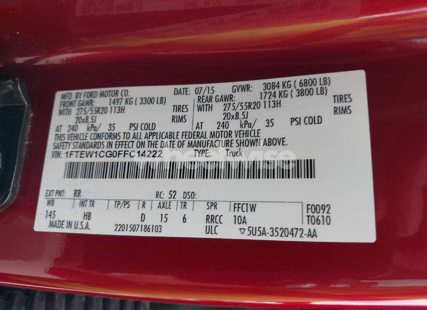 Photo 9 of 2015 Ford F-150 LARIAT (VIN 1FTEW1CG0FFC14222)