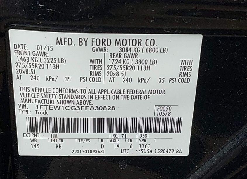 Photo 9 of 2015 Ford F-150 PLATINUM (VIN 1FTEW1CG3FFA30828)