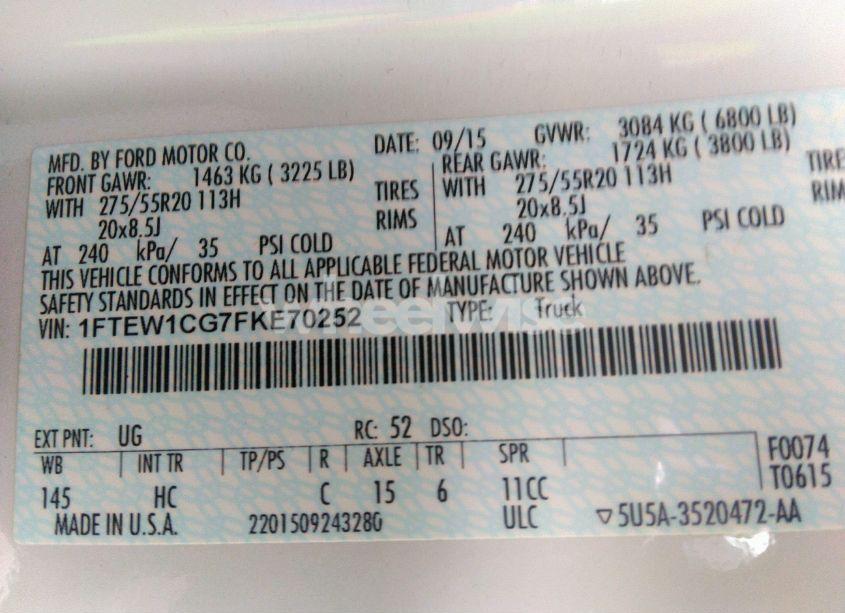 Photo 9 of 2015 Ford F-150 LARIAT (VIN 1FTEW1CG7FKE70252)