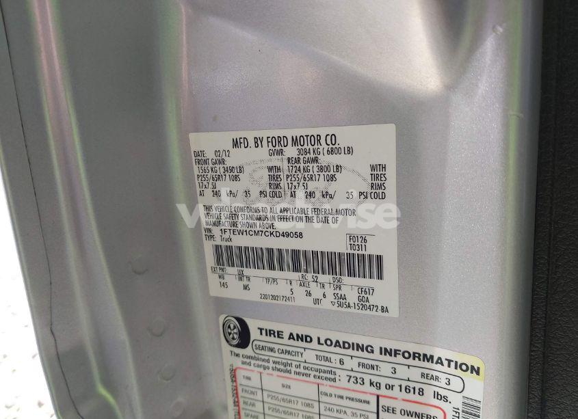 Photo 9 of 2012 Ford F-150 XLT (VIN 1FTEW1CM7CKD49058)