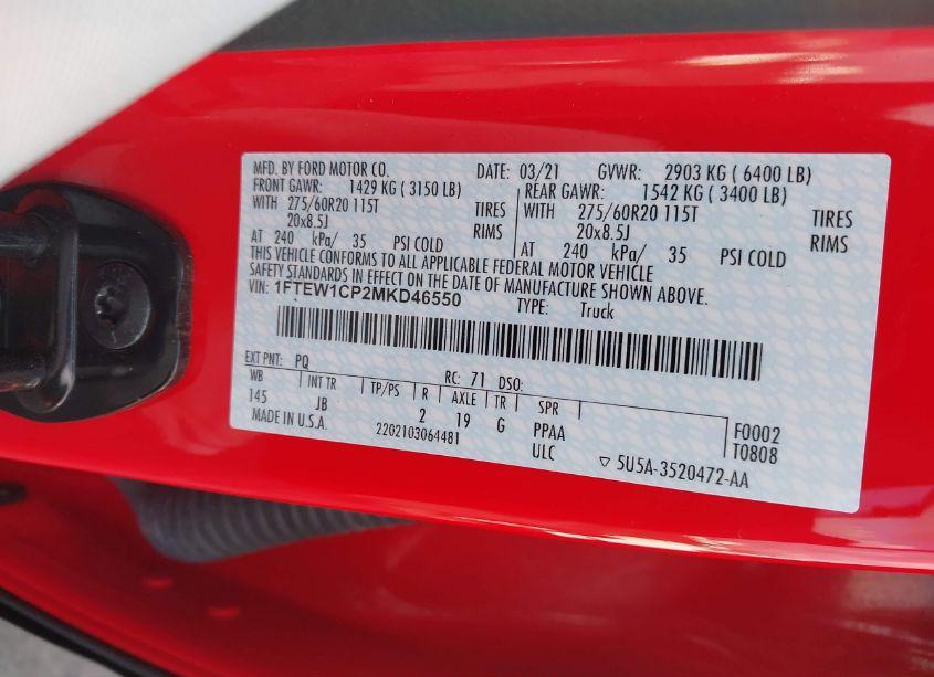 Photo 9 of 2021 Ford F-150 XL (VIN 1FTEW1CP2MKD46550)