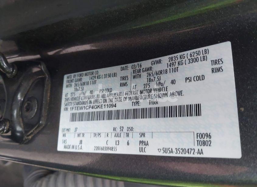 Photo 9 of 2016 Ford F-150 XLT (VIN 1FTEW1CP4GKE11094)