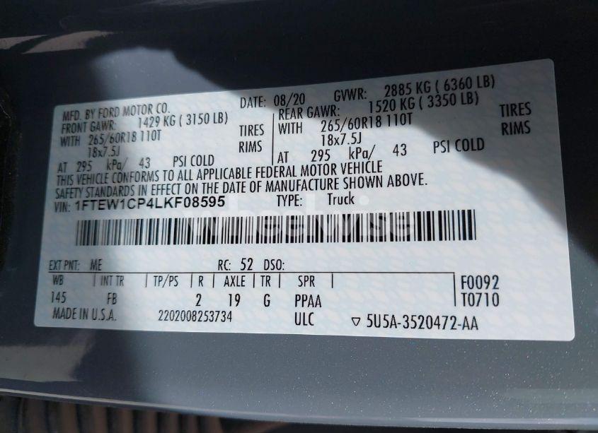 Photo 9 of 2020 Ford F-150 XLT (VIN 1FTEW1CP4LKF08595)