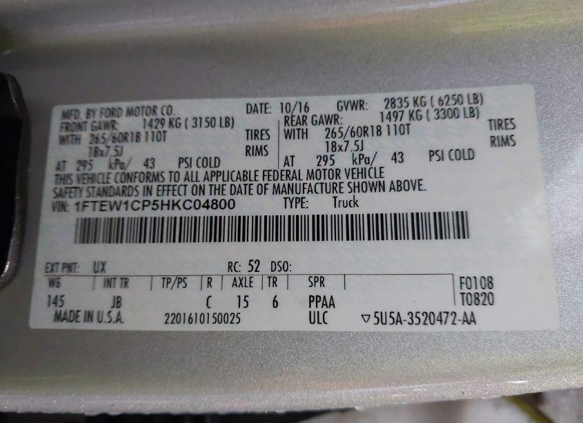Photo 9 of 2017 Ford F-150 XLT (VIN 1FTEW1CP5HKC04800)