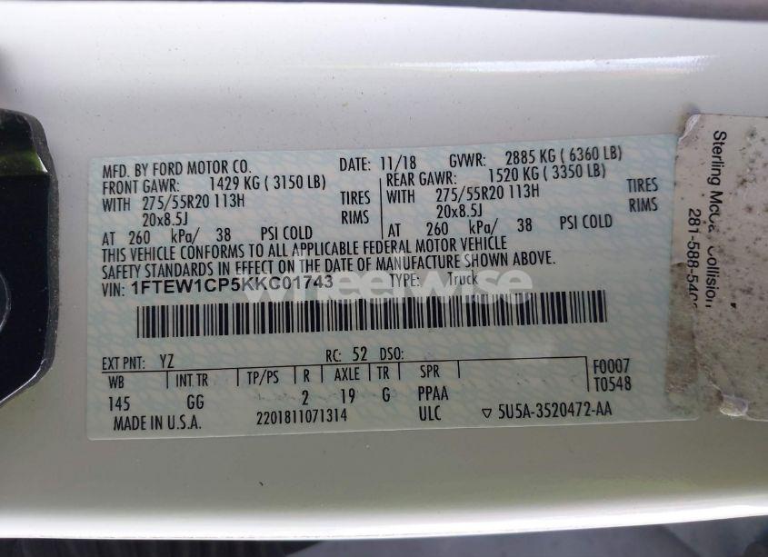 Photo 9 of 2019 Ford F-150 XL (VIN 1FTEW1CP5KKC01743)