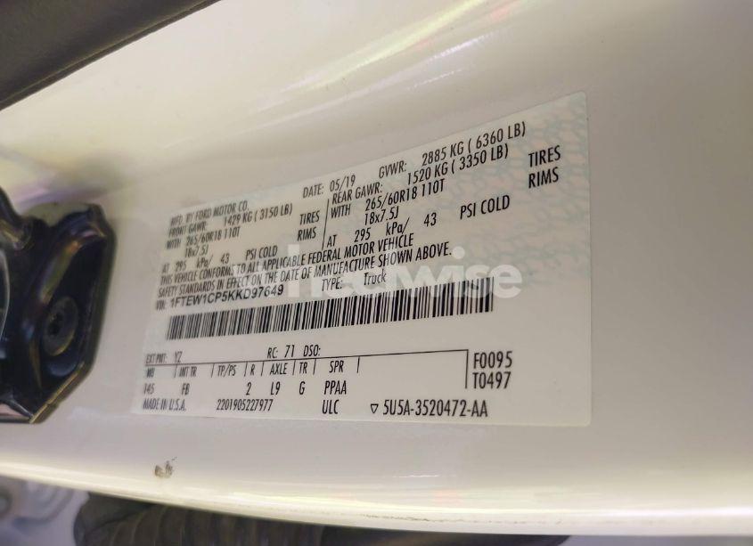 Photo 9 of 2019 Ford F150 SUPERCREW (VIN 1FTEW1CP5KKD97649)