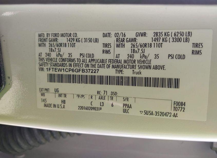 Photo 9 of 2016 Ford F-150 LARIAT (VIN 1FTEW1CP6GFB37227)