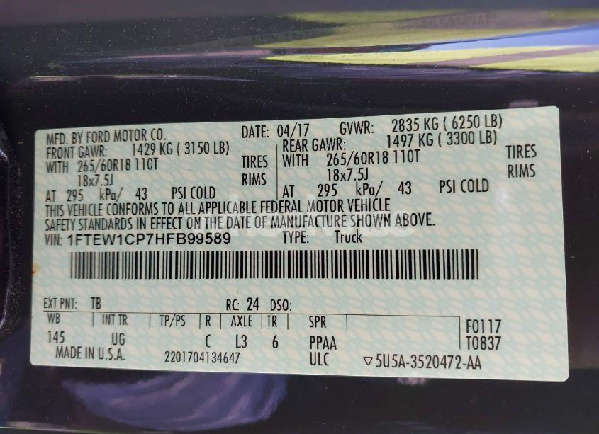 Photo 9 of 2017 Ford F-150 XLT (VIN 1FTEW1CP7HFB99589)