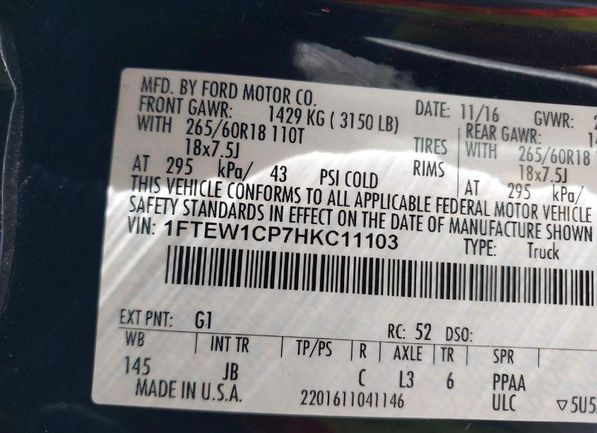 Photo 9 of 2017 Ford F-150 XLT (VIN 1FTEW1CP7HKC11103)