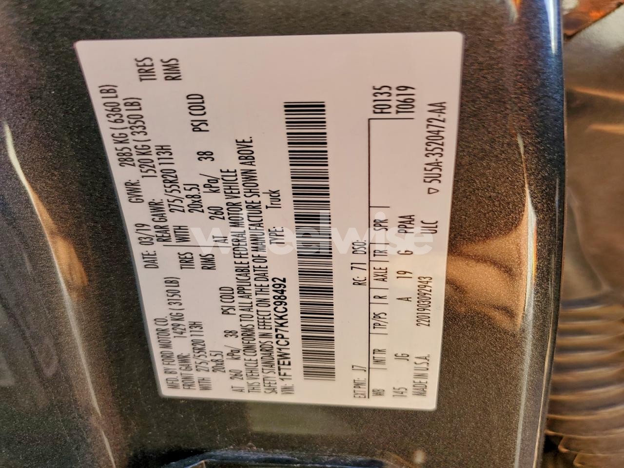 Photo 13 of 2019 FORD F150 SUPERCREW (VIN 1FTEW1CP7KKC98492)