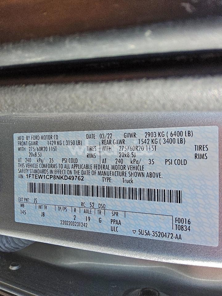 Photo 12 of 2022 FORD F150 SUPERCREW (VIN 1FTEW1CP8NKD49762)