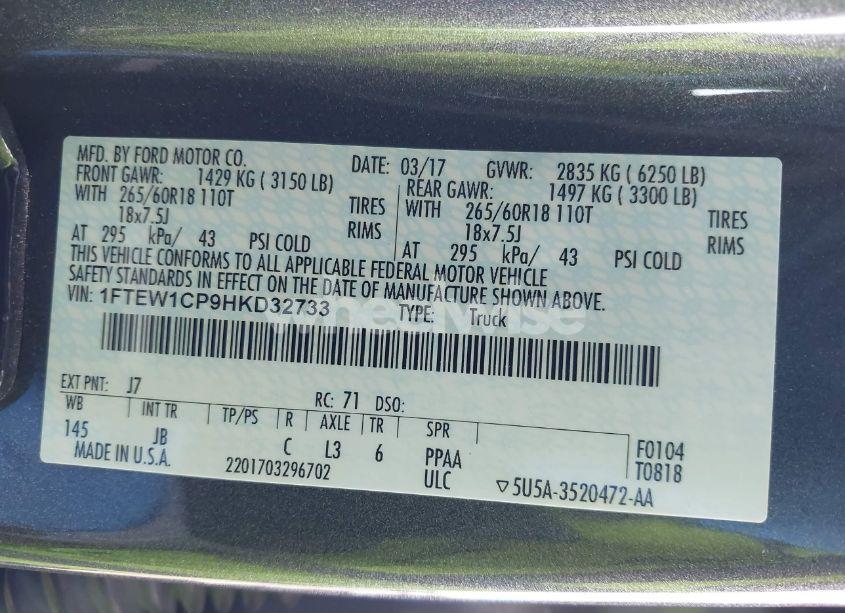 Photo 9 of 2017 Ford F-150 XLT (VIN 1FTEW1CP9HKD32733)