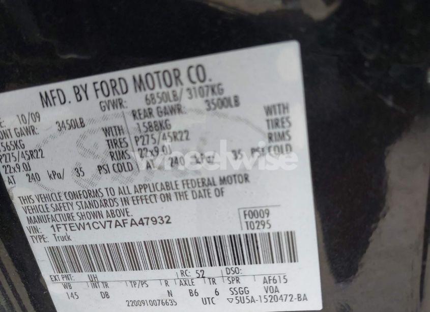 Photo 9 of 2010 Ford F-150 FX2 SPORT/HARLEY-DAVIDSON/KING RANCH/LARIAT/PLATINUM/XL/XLT (VIN 1FTEW1CV7AFA47932)