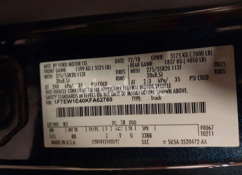 Photo 9 of 2019 Ford F-150 PLATINUM (VIN 1FTEW1E40KFA62780)