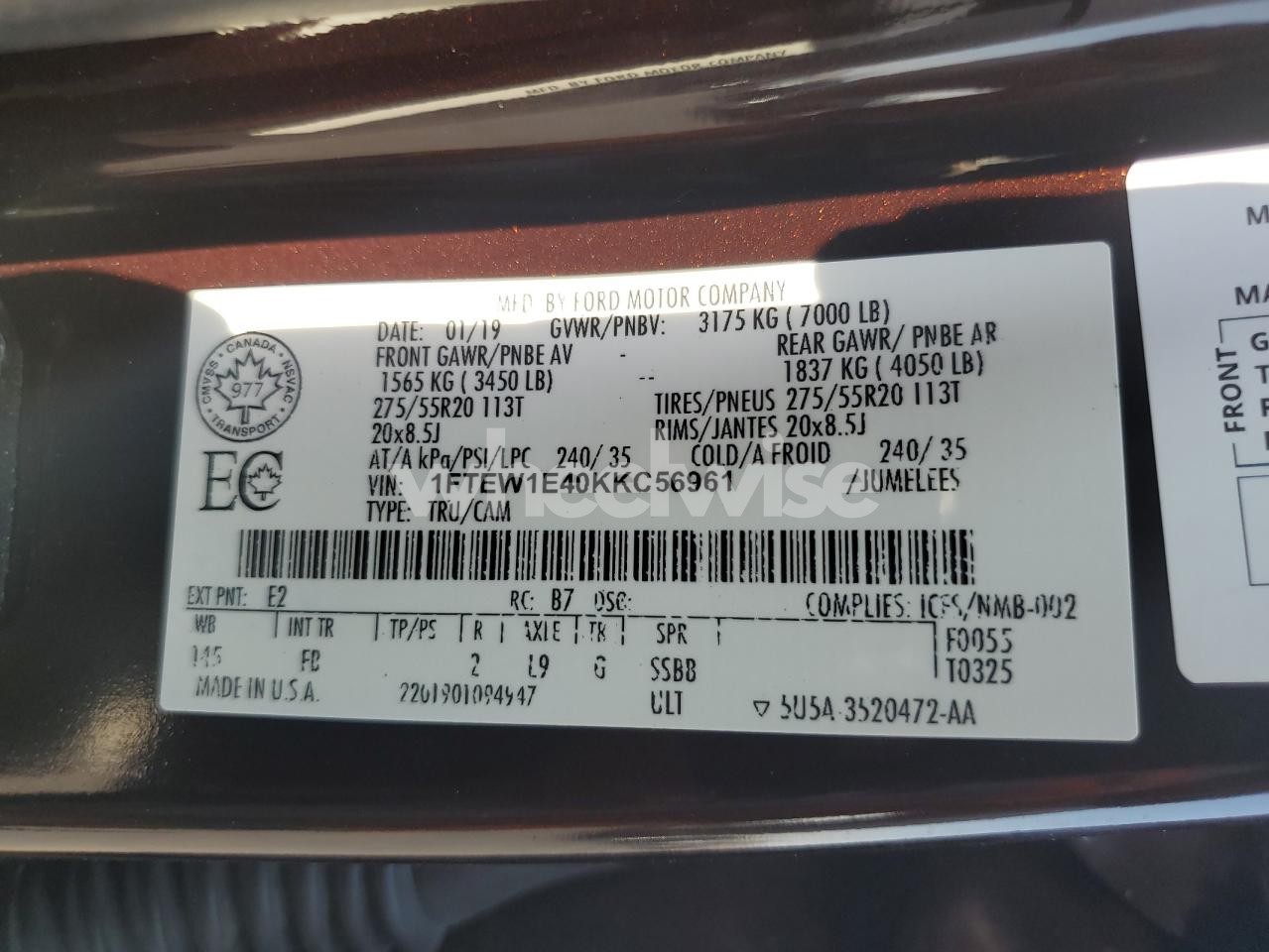 Photo 12 of 2019 FORD F150 SUPERCREW (VIN 1FTEW1E40KKC56961)