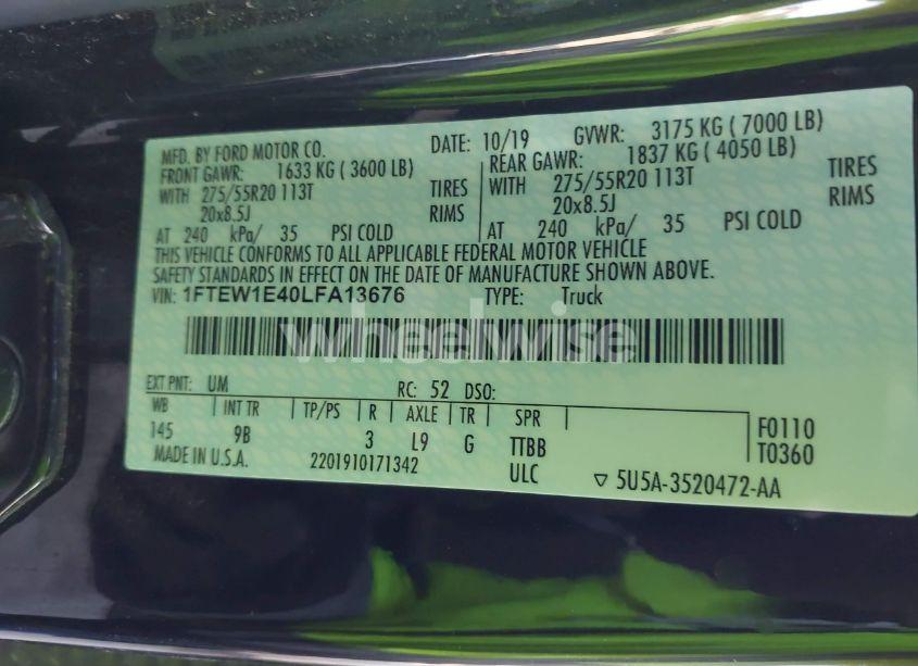 Photo 9 of 2020 Ford F-150 PLATINUM (VIN 1FTEW1E40LFA13676)