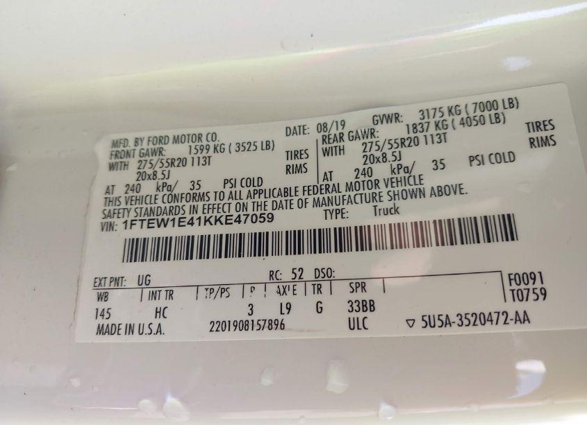 Photo 9 of 2019 Ford F-150 LARIAT (VIN 1FTEW1E41KKE47059)