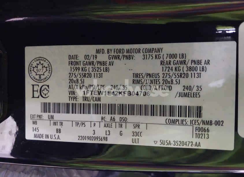 Photo 9 of 2019 Ford F-150 PLATINUM (VIN 1FTEW1E42KFB04706)