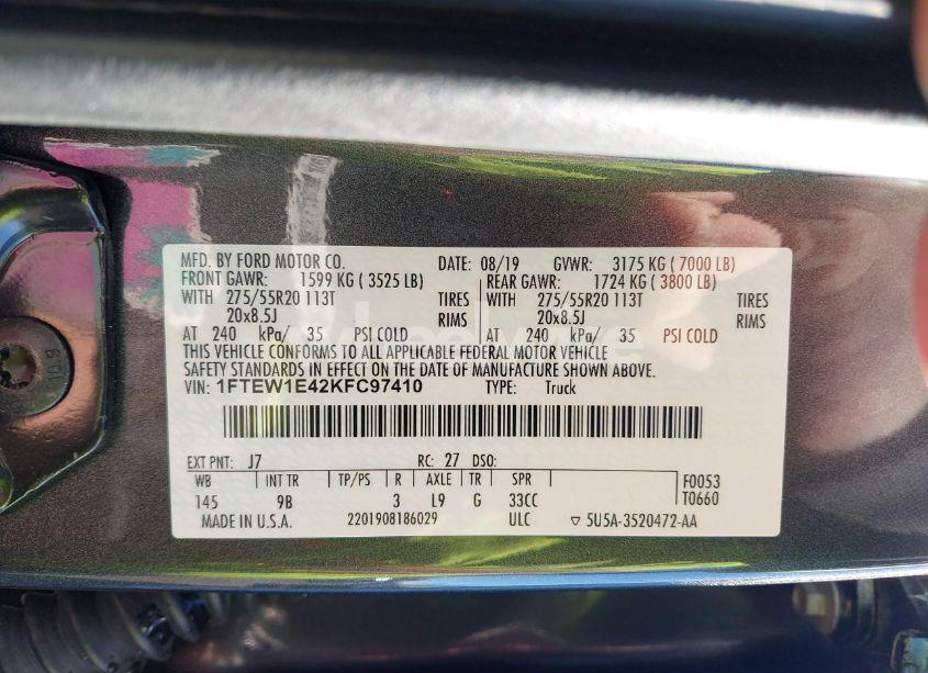 Photo 9 of 2019 Ford F-150 PLATINUM (VIN 1FTEW1E42KFC97410)