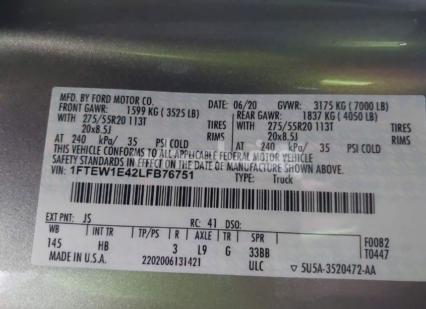 Photo 9 of 2020 Ford F-150 LARIAT (VIN 1FTEW1E42LFB76751)