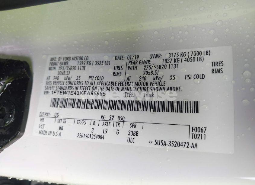 Photo 9 of 2019 Ford F-150 PLATINUM (VIN 1FTEW1E43KFA95885)