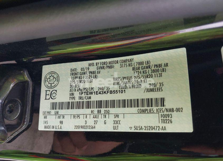 Photo 9 of 2019 Ford F-150 PLATINUM (VIN 1FTEW1E43KFB55101)