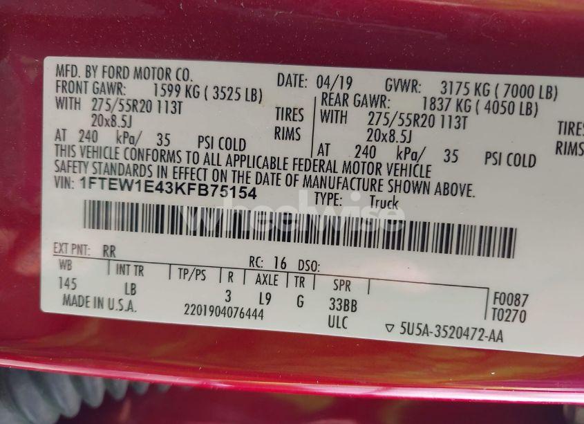 Photo 9 of 2019 Ford F-150 LARIAT (VIN 1FTEW1E43KFB75154)