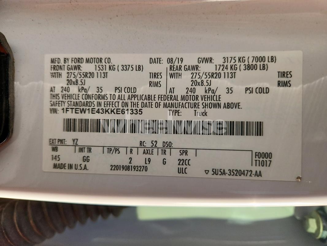 Photo 12 of 2019 FORD F150 SUPERCREW (VIN 1FTEW1E43KKE61335)