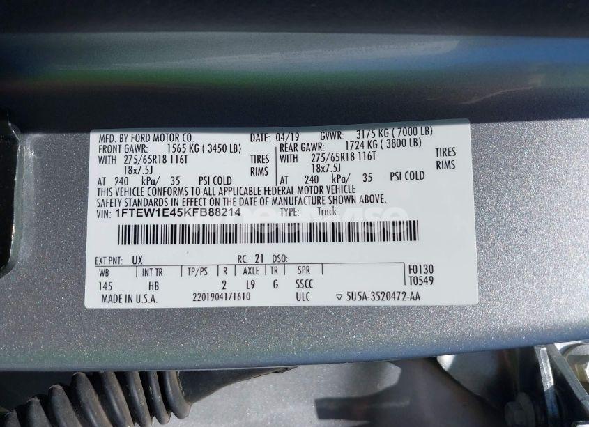 Photo 9 of 2019 Ford F-150 LARIAT (VIN 1FTEW1E45KFB88214)