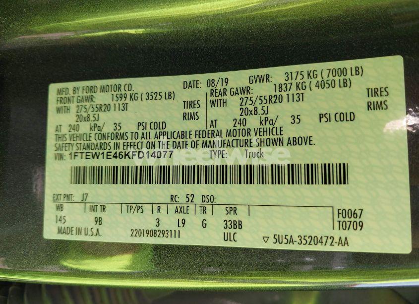 Photo 9 of 2019 Ford F-150 PLATINUM (VIN 1FTEW1E46KFD14077)