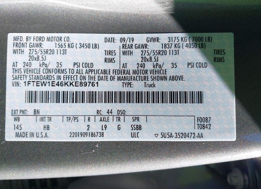 Photo 9 of 2019 Ford F-150 LARIAT (VIN 1FTEW1E46KKE89761)